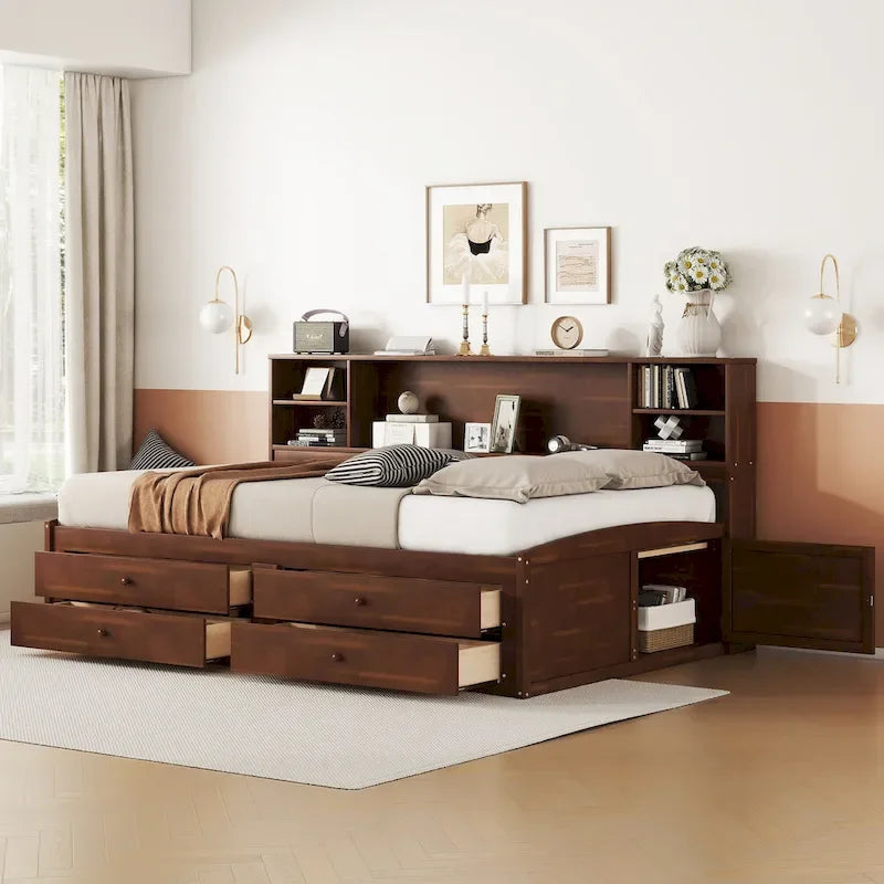 Doppelbett aus Holz im Kapitänsstil mit eingebauten Ablagen, 4 Schubladen und 2 Schränken