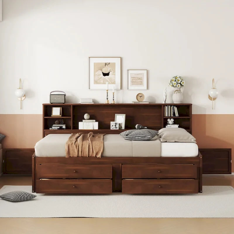 Doppelbett aus Holz im Kapitänsstil mit eingebauten Ablagen, 4 Schubladen und 2 Schränken