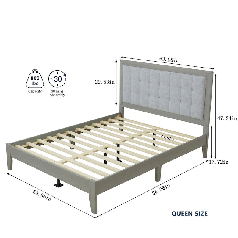 Massivholz-Plattformbett mit gepolstertem Kopfteil, Queen-Size