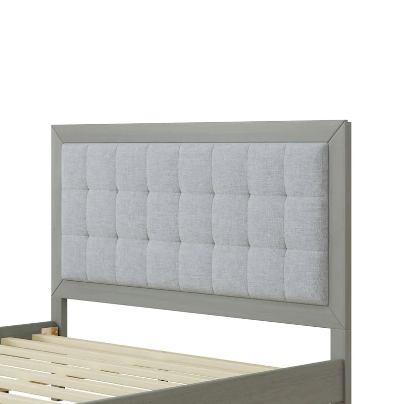 Massivholz-Plattformbett mit gepolstertem Kopfteil, Queen-Size