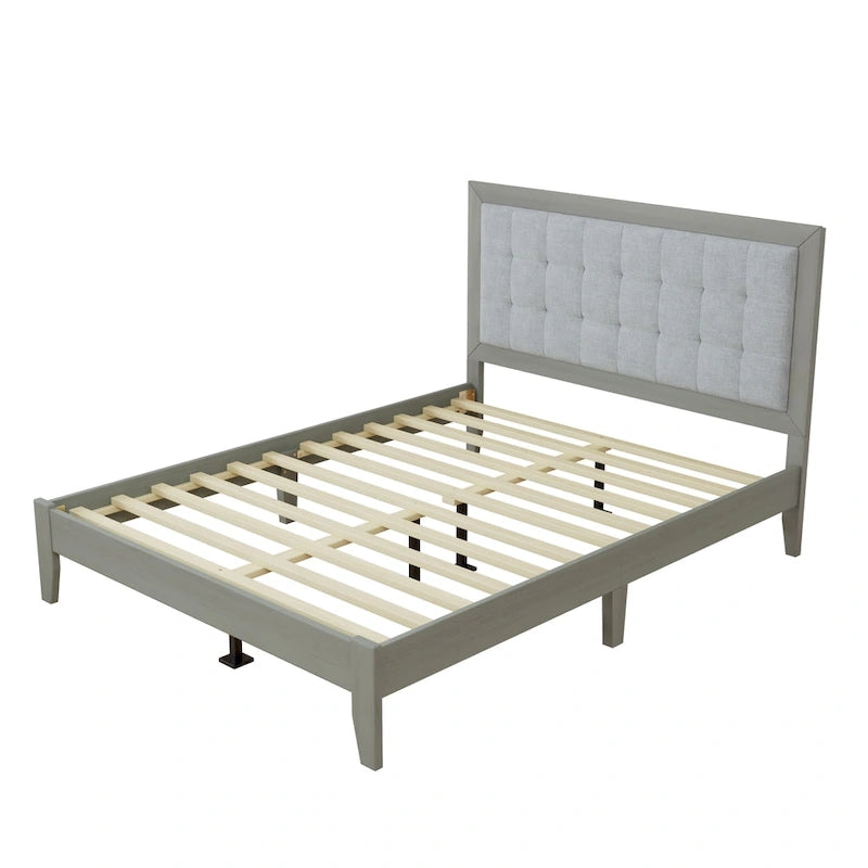 Massivholz-Plattformbett mit gepolstertem Kopfteil, Queen-Size