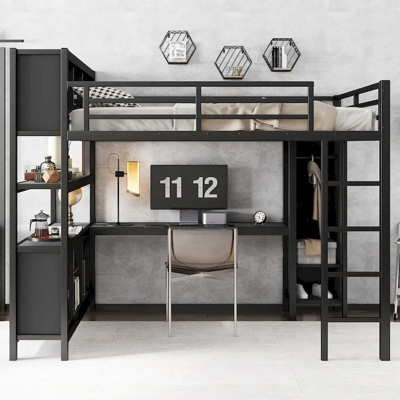 All-in-One Metall-Hochbett mit L-förmigem Schreibtisch & Kleiderschrank, Schlafzimmer-Bettgestell mit Staufächern, Regalen, durchgehenden Schutzgittern