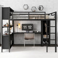 All-in-One Metall-Hochbett mit L-förmigem Schreibtisch & Kleiderschrank, Schlafzimmer-Bettgestell mit Staufächern, Regalen, durchgehenden Schutzgittern