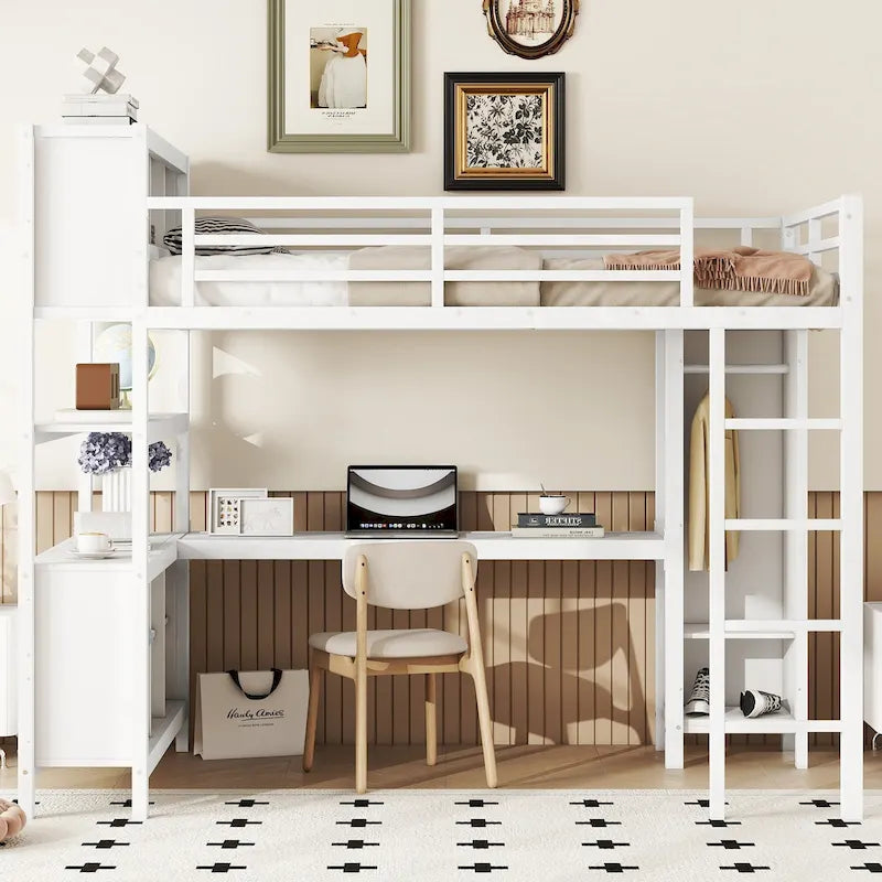 All-in-One Metall-Hochbett mit L-förmigem Schreibtisch & Kleiderschrank, Schlafzimmer-Bettgestell mit Staufächern, Regalen, durchgehenden Schutzgittern