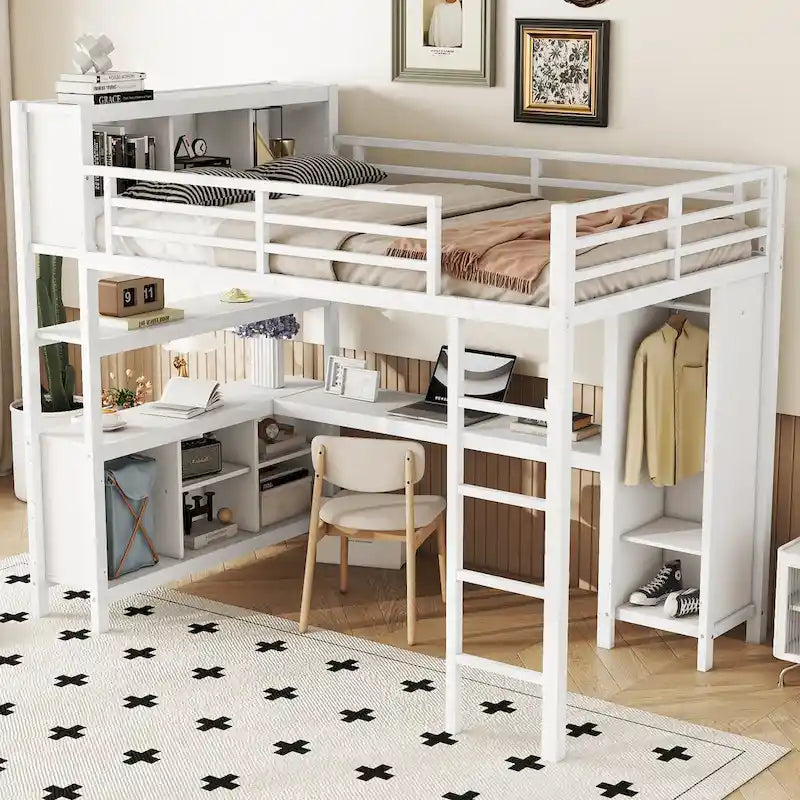 All-in-One Metall-Hochbett mit L-förmigem Schreibtisch & Kleiderschrank, Schlafzimmer-Bettgestell mit Staufächern, Regalen, durchgehenden Schutzgittern