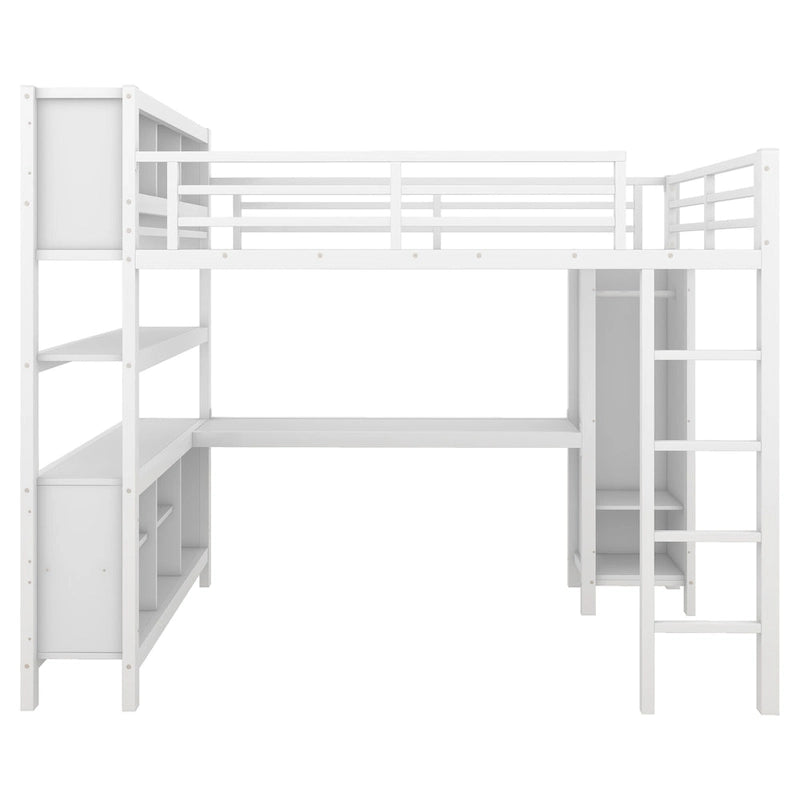 All-in-One Metall-Hochbett mit L-förmigem Schreibtisch & Kleiderschrank, Schlafzimmer-Bettgestell mit Staufächern, Regalen, durchgehenden Schutzgittern