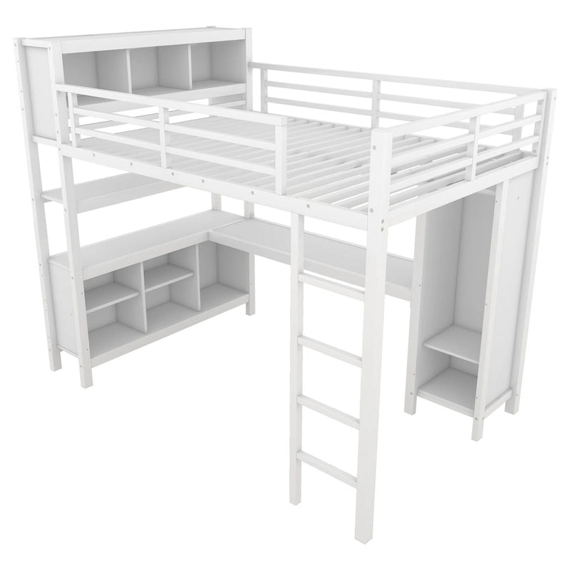 All-in-One Metall-Hochbett mit L-förmigem Schreibtisch & Kleiderschrank, Schlafzimmer-Bettgestell mit Staufächern, Regalen, durchgehenden Schutzgittern