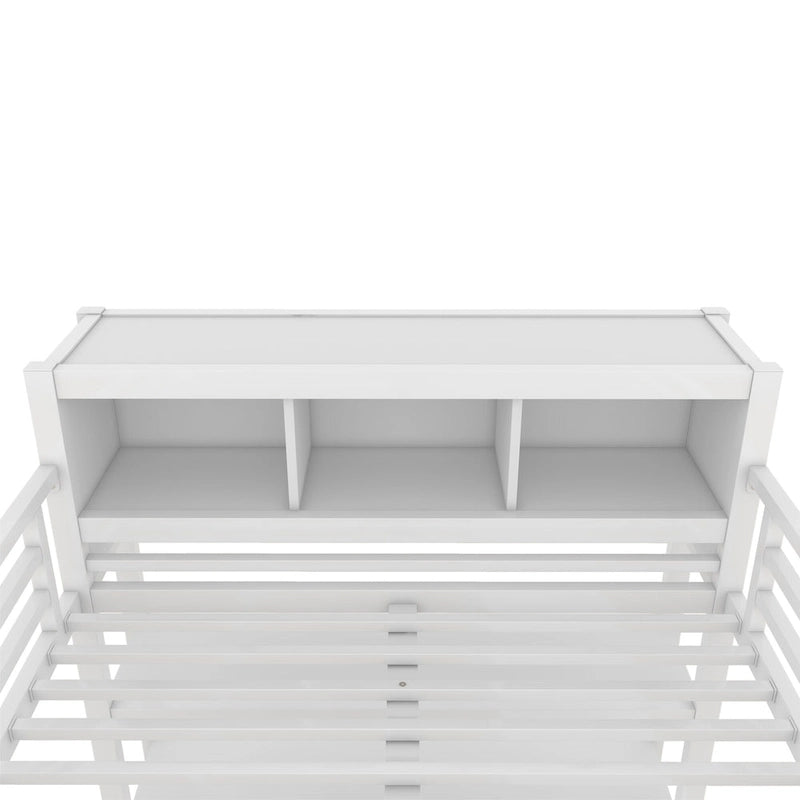 All-in-One Metall-Hochbett mit L-förmigem Schreibtisch & Kleiderschrank, Schlafzimmer-Bettgestell mit Staufächern, Regalen, durchgehenden Schutzgittern