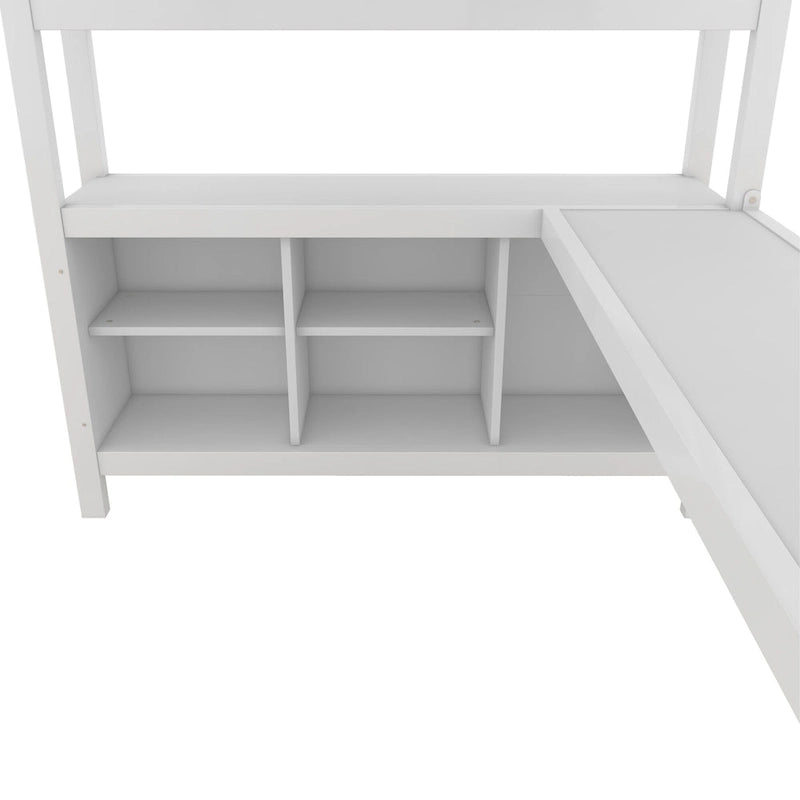 All-in-One Metall-Hochbett mit L-förmigem Schreibtisch & Kleiderschrank, Schlafzimmer-Bettgestell mit Staufächern, Regalen, durchgehenden Schutzgittern