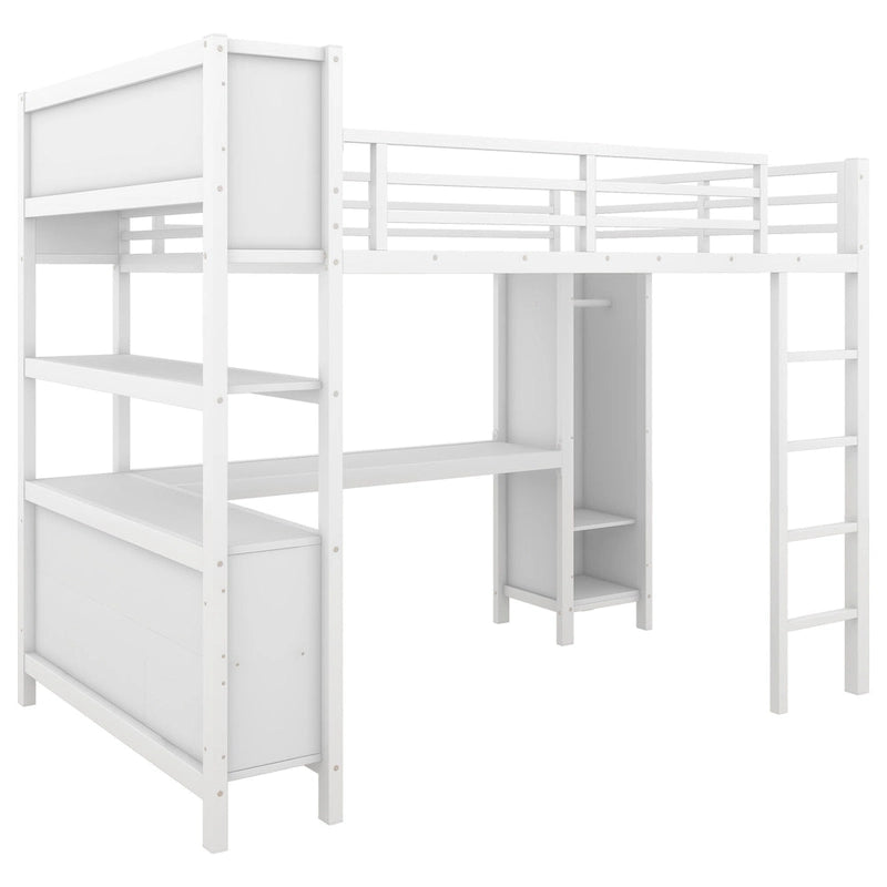All-in-One Metall-Hochbett mit L-förmigem Schreibtisch & Kleiderschrank, Schlafzimmer-Bettgestell mit Staufächern, Regalen, durchgehenden Schutzgittern
