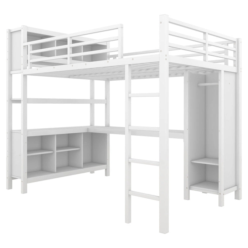 All-in-One Metall-Hochbett mit L-förmigem Schreibtisch & Kleiderschrank, Schlafzimmer-Bettgestell mit Staufächern, Regalen, durchgehenden Schutzgittern