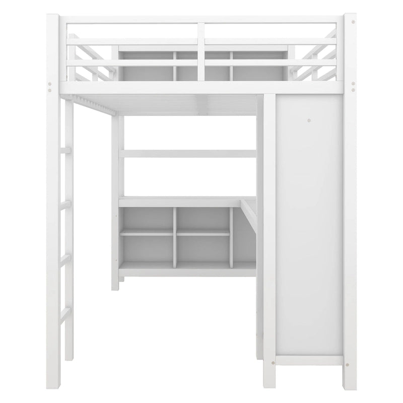 All-in-One Metall-Hochbett mit L-förmigem Schreibtisch & Kleiderschrank, Schlafzimmer-Bettgestell mit Staufächern, Regalen, durchgehenden Schutzgittern