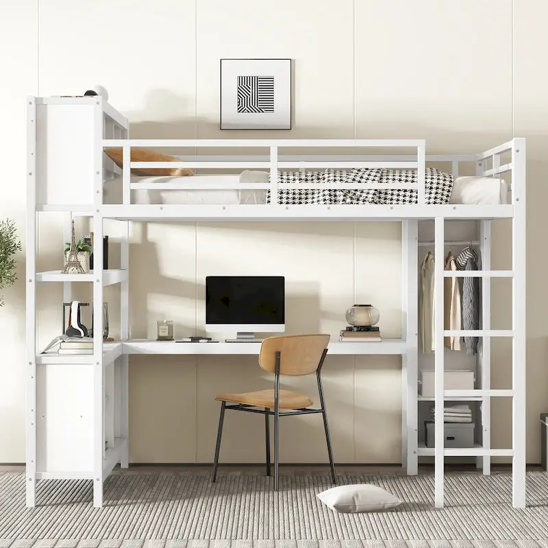 All-in-One Metall-Hochbett mit L-förmigem Schreibtisch & Kleiderschrank, Schlafzimmer-Bettgestell mit Staufächern, Regalen, durchgehenden Schutzgittern