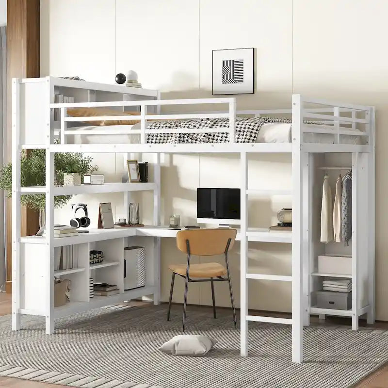 All-in-One Metall-Hochbett mit L-förmigem Schreibtisch & Kleiderschrank, Schlafzimmer-Bettgestell mit Staufächern, Regalen, durchgehenden Schutzgittern