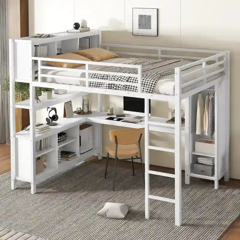 All-in-One Metall-Hochbett mit L-förmigem Schreibtisch & Kleiderschrank, Schlafzimmer-Bettgestell mit Staufächern, Regalen, durchgehenden Schutzgittern