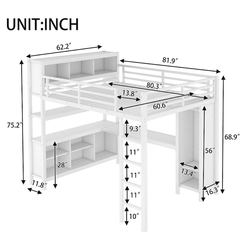 All-in-One Metall-Hochbett mit L-förmigem Schreibtisch & Kleiderschrank, Schlafzimmer-Bettgestell mit Staufächern, Regalen, durchgehenden Schutzgittern