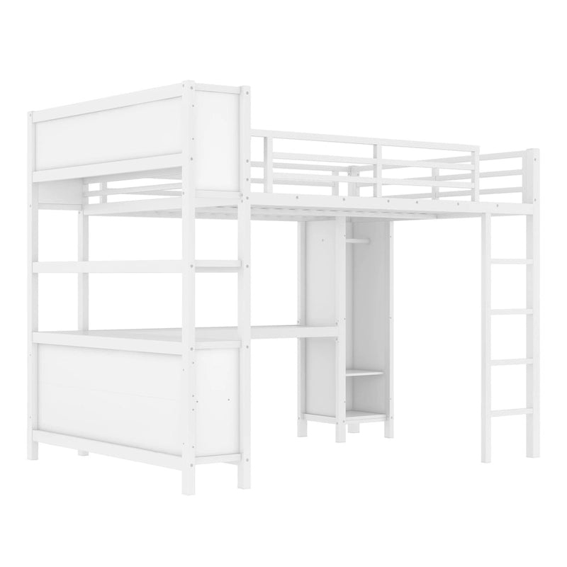 All-in-One Metall-Hochbett mit L-förmigem Schreibtisch & Kleiderschrank, Schlafzimmer-Bettgestell mit Staufächern, Regalen, durchgehenden Schutzgittern