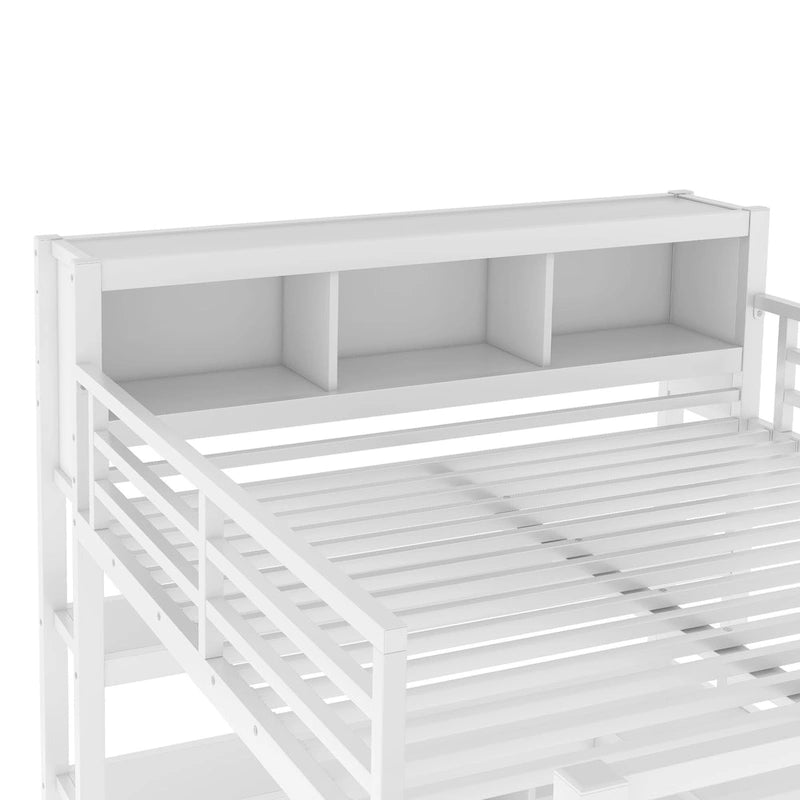 All-in-One Metall-Hochbett mit L-förmigem Schreibtisch & Kleiderschrank, Schlafzimmer-Bettgestell mit Staufächern, Regalen, durchgehenden Schutzgittern