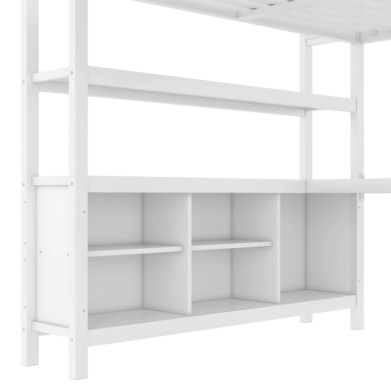 All-in-One Metall-Hochbett mit L-förmigem Schreibtisch & Kleiderschrank, Schlafzimmer-Bettgestell mit Staufächern, Regalen, durchgehenden Schutzgittern