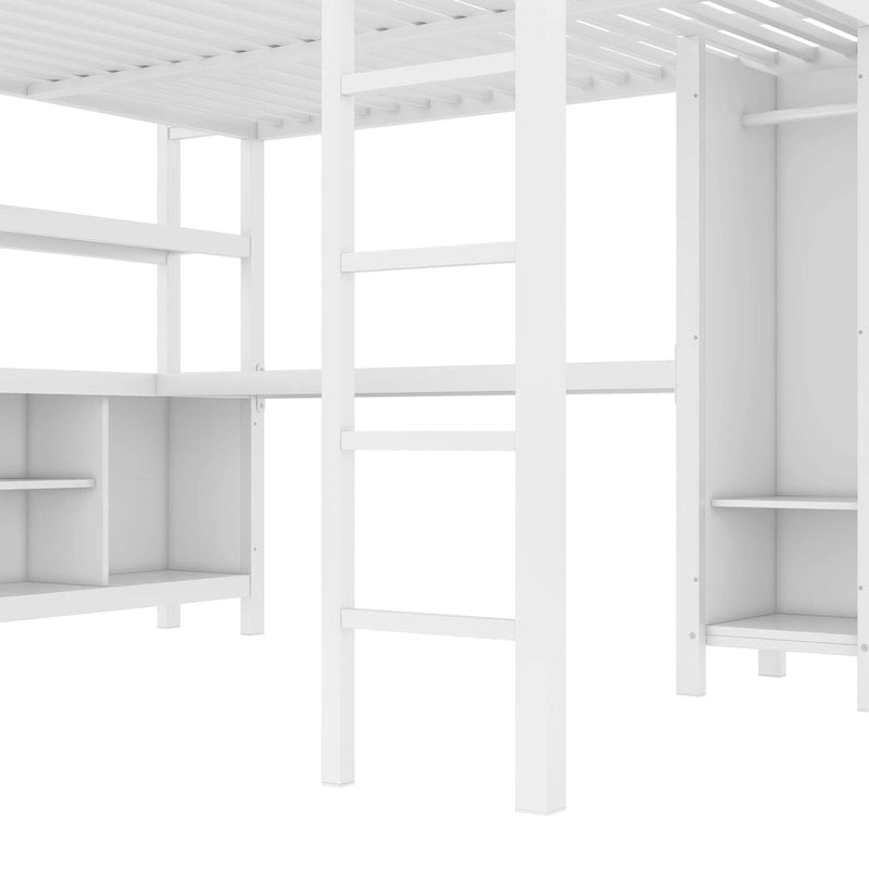 All-in-One Metall-Hochbett mit L-förmigem Schreibtisch & Kleiderschrank, Schlafzimmer-Bettgestell mit Staufächern, Regalen, durchgehenden Schutzgittern