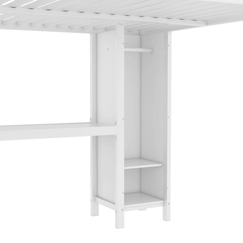 All-in-One Metall-Hochbett mit L-förmigem Schreibtisch & Kleiderschrank, Schlafzimmer-Bettgestell mit Staufächern, Regalen, durchgehenden Schutzgittern