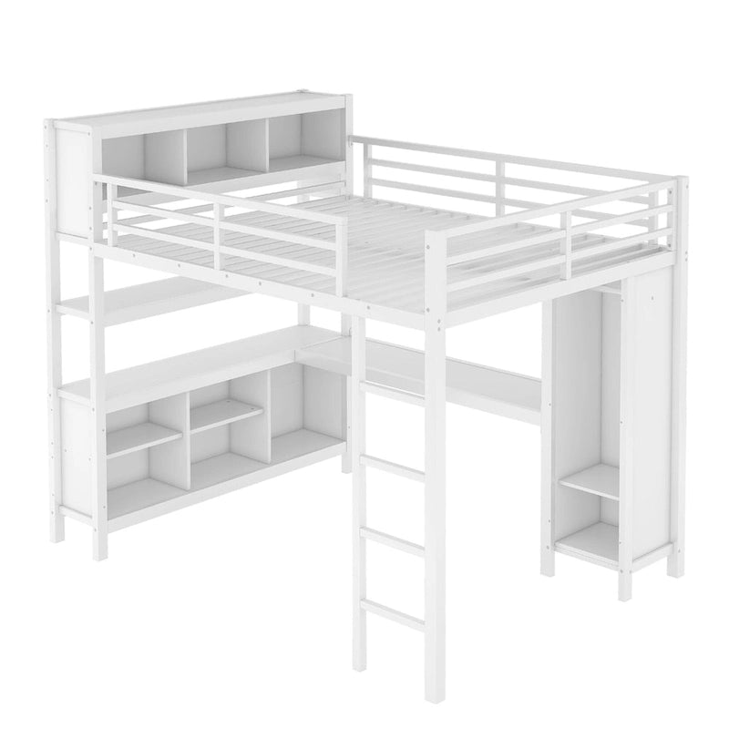 All-in-One Metall-Hochbett mit L-förmigem Schreibtisch & Kleiderschrank, Schlafzimmer-Bettgestell mit Staufächern, Regalen, durchgehenden Schutzgittern