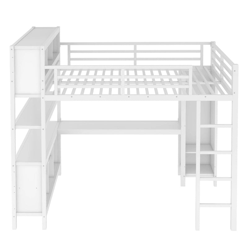 All-in-One Metall-Hochbett mit L-förmigem Schreibtisch & Kleiderschrank, Schlafzimmer-Bettgestell mit Staufächern, Regalen, durchgehenden Schutzgittern
