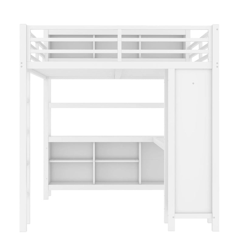All-in-One Metall-Hochbett mit L-förmigem Schreibtisch & Kleiderschrank, Schlafzimmer-Bettgestell mit Staufächern, Regalen, durchgehenden Schutzgittern