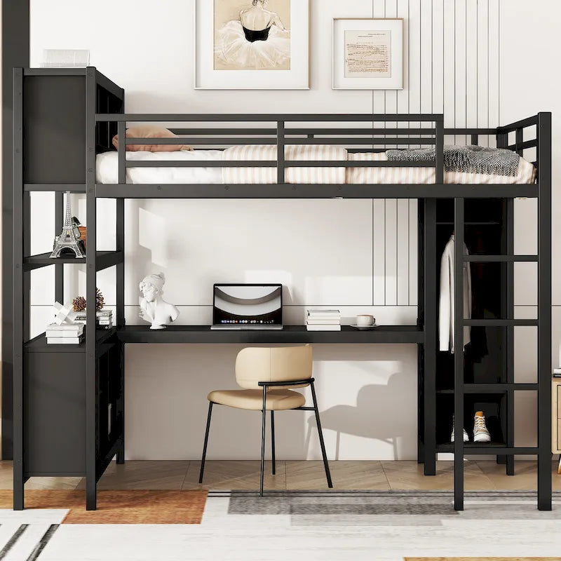All-in-One Metall-Hochbett mit L-förmigem Schreibtisch & Kleiderschrank, Schlafzimmer-Bettgestell mit Staufächern, Regalen, durchgehenden Schutzgittern
