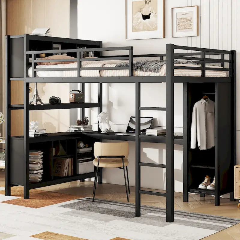 All-in-One Metall-Hochbett mit L-förmigem Schreibtisch & Kleiderschrank, Schlafzimmer-Bettgestell mit Staufächern, Regalen, durchgehenden Schutzgittern