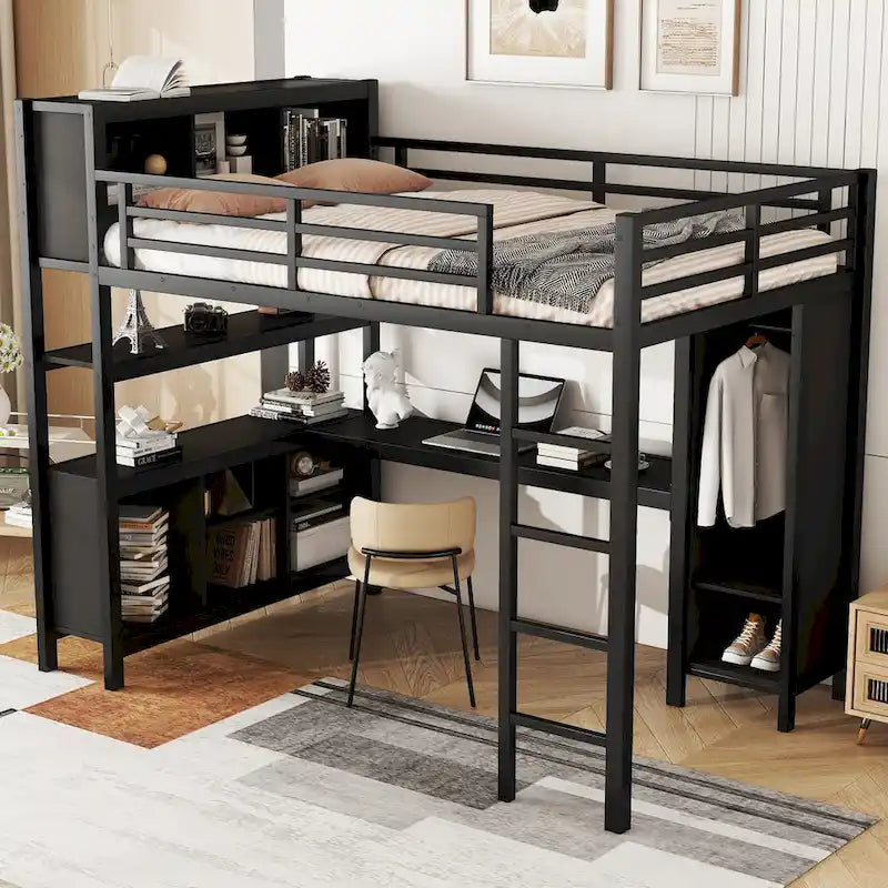 All-in-One Metall-Hochbett mit L-förmigem Schreibtisch & Kleiderschrank, Schlafzimmer-Bettgestell mit Staufächern, Regalen, durchgehenden Schutzgittern