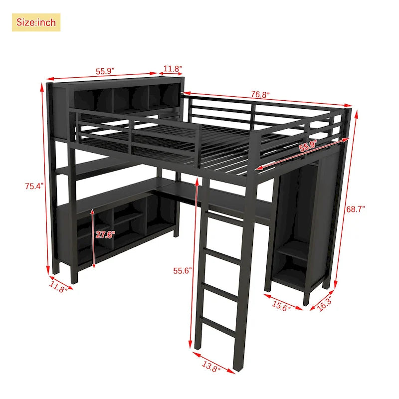 All-in-One Metall-Hochbett mit L-förmigem Schreibtisch & Kleiderschrank, Schlafzimmer-Bettgestell mit Staufächern, Regalen, durchgehenden Schutzgittern