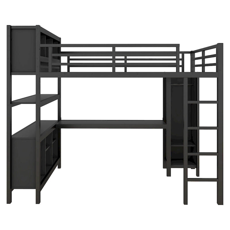 All-in-One Metall-Hochbett mit L-förmigem Schreibtisch & Kleiderschrank, Schlafzimmer-Bettgestell mit Staufächern, Regalen, durchgehenden Schutzgittern