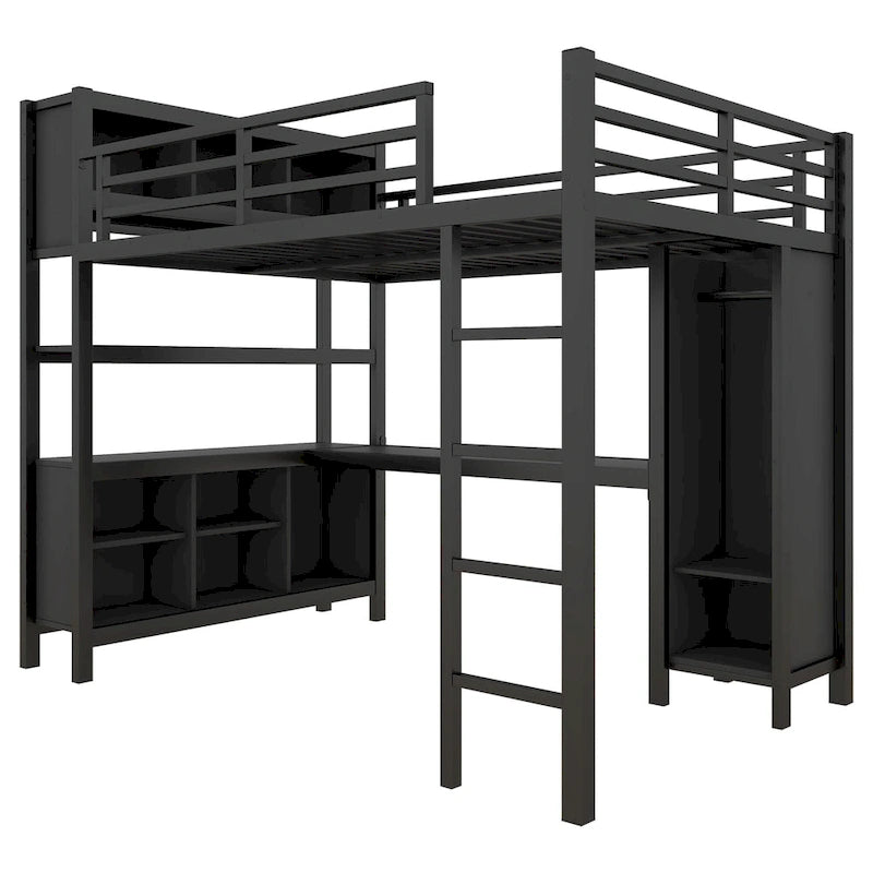 All-in-One Metall-Hochbett mit L-förmigem Schreibtisch & Kleiderschrank, Schlafzimmer-Bettgestell mit Staufächern, Regalen, durchgehenden Schutzgittern