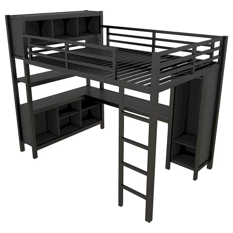 All-in-One Metall-Hochbett mit L-förmigem Schreibtisch & Kleiderschrank, Schlafzimmer-Bettgestell mit Staufächern, Regalen, durchgehenden Schutzgittern