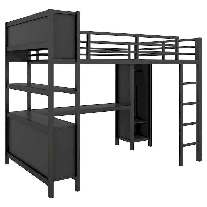 All-in-One Metall-Hochbett mit L-förmigem Schreibtisch & Kleiderschrank, Schlafzimmer-Bettgestell mit Staufächern, Regalen, durchgehenden Schutzgittern