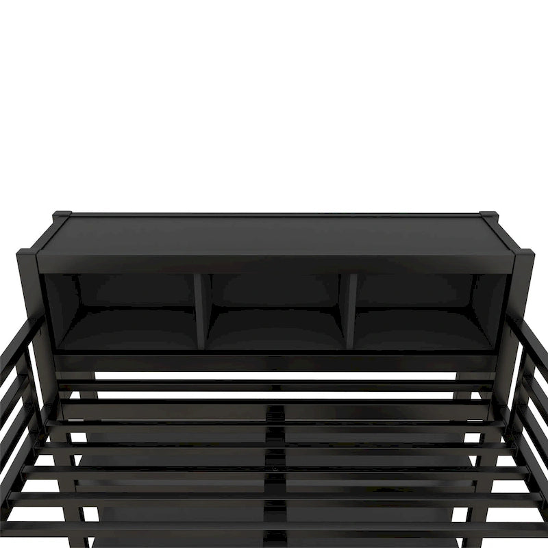 All-in-One Metall-Hochbett mit L-förmigem Schreibtisch & Kleiderschrank, Schlafzimmer-Bettgestell mit Staufächern, Regalen, durchgehenden Schutzgittern