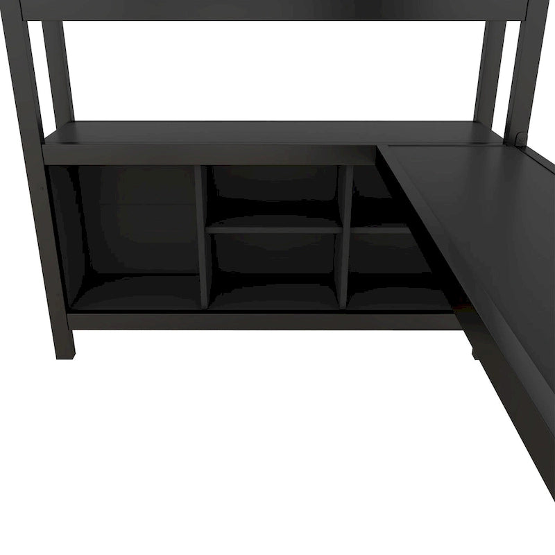 All-in-One Metall-Hochbett mit L-förmigem Schreibtisch & Kleiderschrank, Schlafzimmer-Bettgestell mit Staufächern, Regalen, durchgehenden Schutzgittern