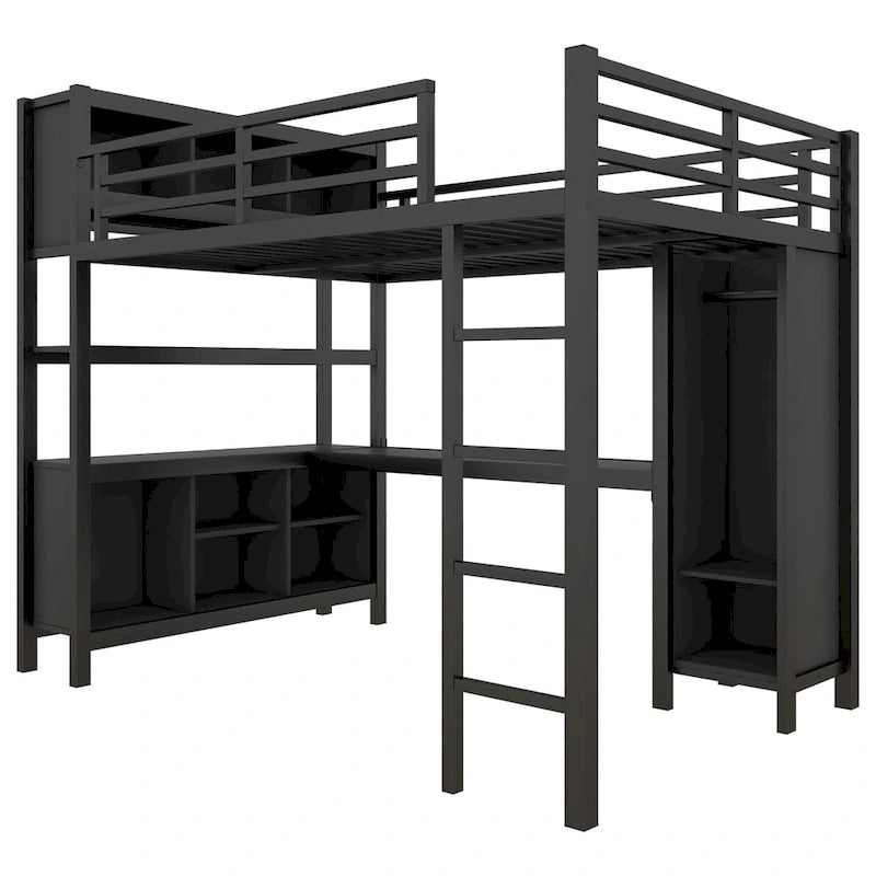 All-in-One Metall-Hochbett mit L-förmigem Schreibtisch & Kleiderschrank, Schlafzimmer-Bettgestell mit Staufächern, Regalen, durchgehenden Schutzgittern