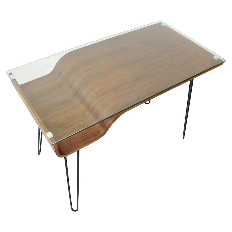 Mid-Century Modern Büroschreibtisch mit Glasplatte und Hairpin Legs