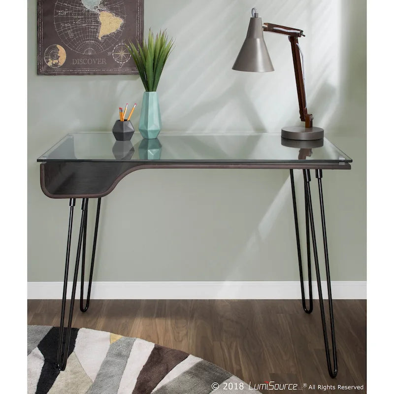 Mid-Century Modern Büroschreibtisch mit Glasplatte und Hairpin Legs