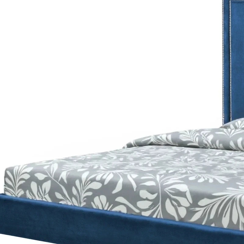 Marineblaues Massivholz-Kingsize-Polsterbett aus Samt mit Nagelzierleiste