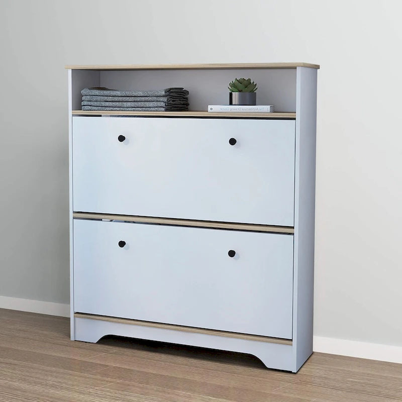 Holzschuhschrank mit 2 Kippfächern und einer oberen Ablage