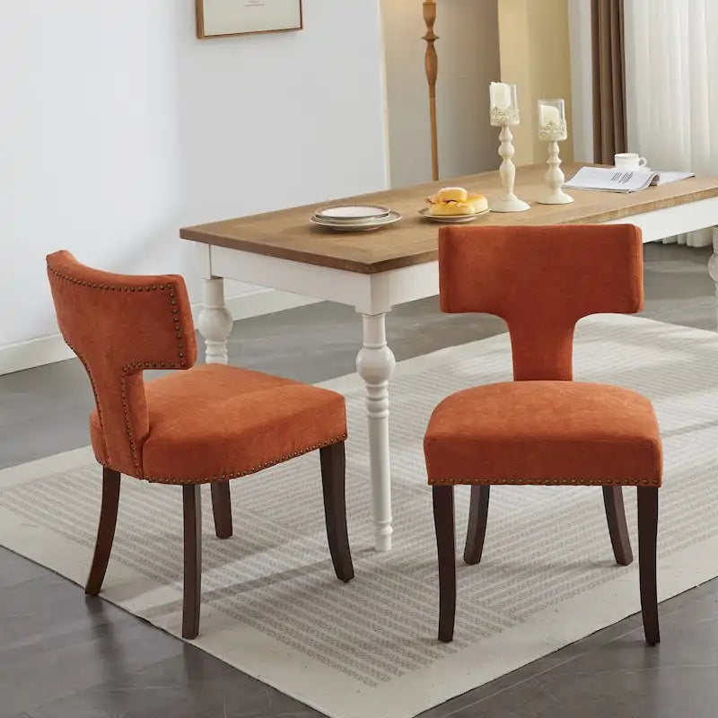 Moderne Esszimmerstühle 2er-Set, gepolsterter Akzentstuhl im Landhausstil aus Leinenstoff mit geschwungener Rückenlehne und umlaufenden Kupfernägeln