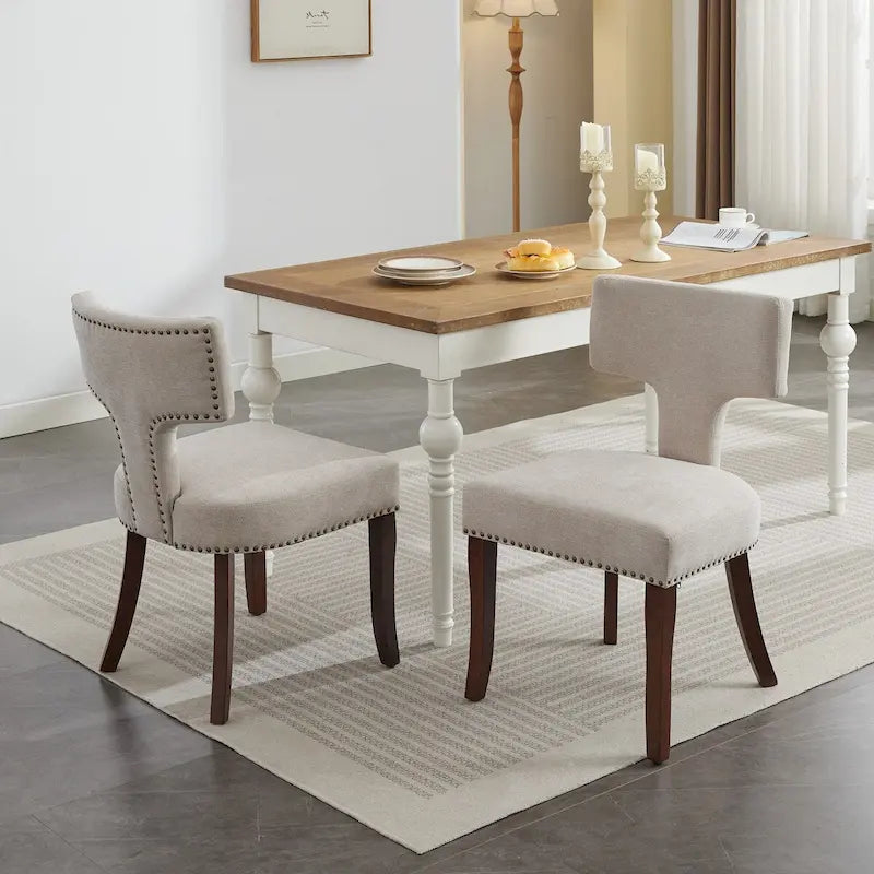 Moderne Esszimmerstühle 2er-Set, gepolsterter Akzentstuhl im Landhausstil aus Leinenstoff mit geschwungener Rückenlehne und umlaufenden Kupfernägeln