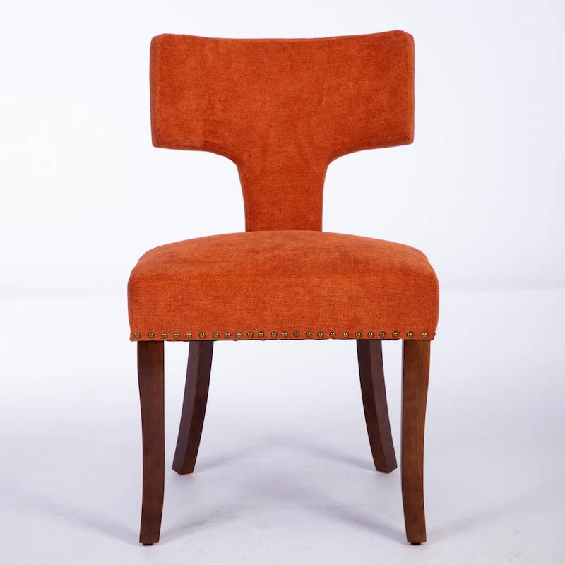 Moderne Esszimmerstühle 2er-Set, gepolsterter Akzentstuhl im Landhausstil aus Leinenstoff mit geschwungener Rückenlehne und umlaufenden Kupfernägeln