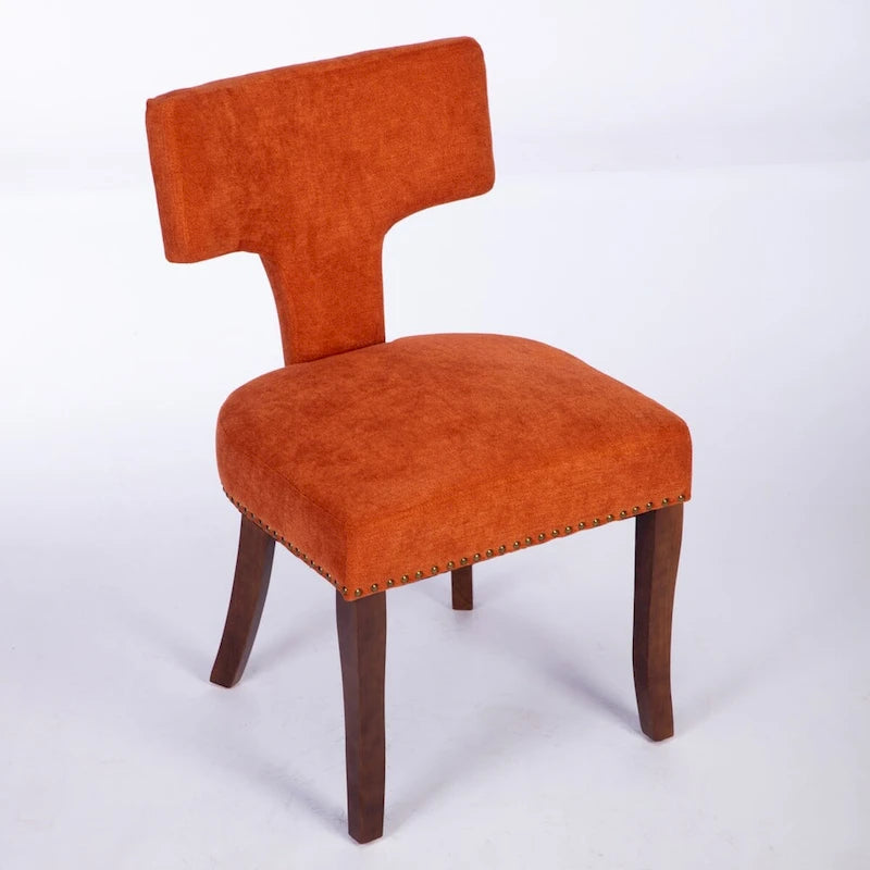 Moderne Esszimmerstühle 2er-Set, gepolsterter Akzentstuhl im Landhausstil aus Leinenstoff mit geschwungener Rückenlehne und umlaufenden Kupfernägeln