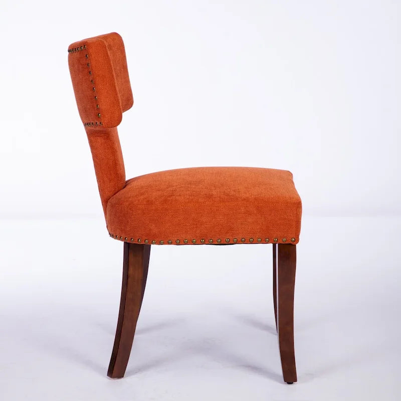Moderne Esszimmerstühle 2er-Set, gepolsterter Akzentstuhl im Landhausstil aus Leinenstoff mit geschwungener Rückenlehne und umlaufenden Kupfernägeln