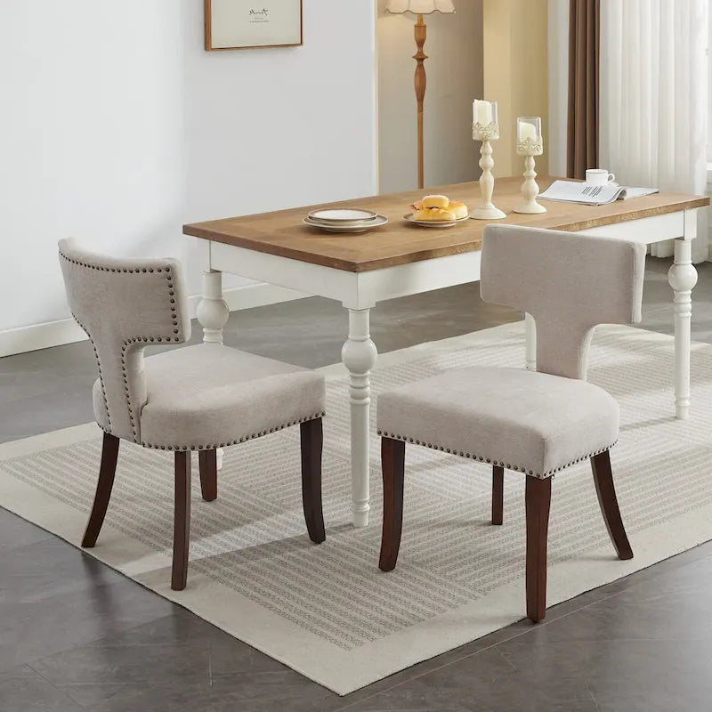 Moderne Esszimmerstühle 2er-Set, gepolsterter Akzentstuhl im Landhausstil aus Leinenstoff mit geschwungener Rückenlehne und umlaufenden Kupfernägeln