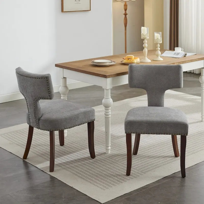 Moderne Esszimmerstühle 2er-Set, gepolsterter Akzentstuhl im Landhausstil aus Leinenstoff mit geschwungener Rückenlehne und umlaufenden Kupfernägeln